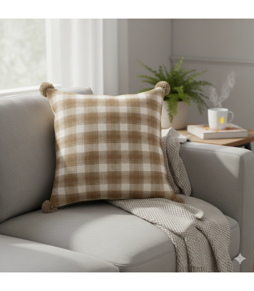 Woven Plaid Sofa Pillow Cover with Pom Pom Decoration - 45x45 cm, Cotton, Holiday Vibe Cushion
